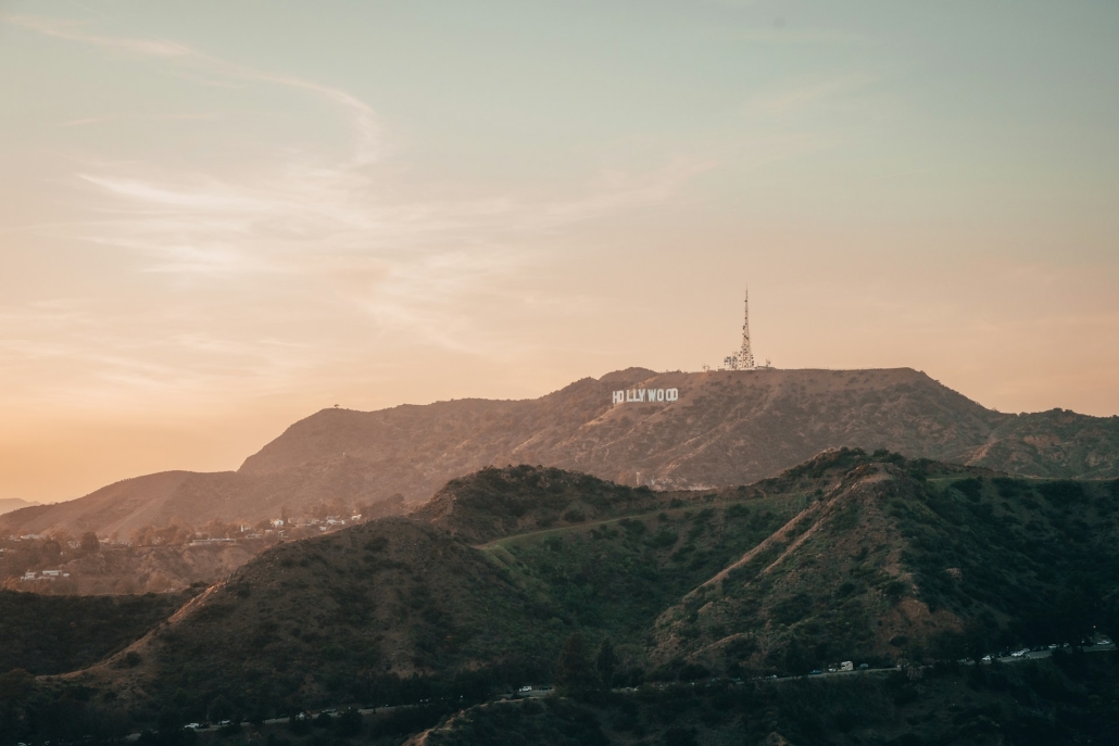 The Hollywood hills mountains landscape with the Hollywood sign. Hollywood is home to celebrities who enjoy legal cannabis. Earthy Select