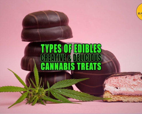 Stack of chocolate weed cookies and a cannabis leaf. One cookie is sliced in half and reveals the inside layers. Types of Edibles: Creative and Delicious Cannabis Treats - Earthy Select