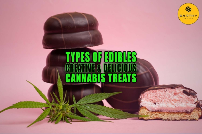 Stack of chocolate weed cookies and a cannabis leaf. One cookie is sliced in half and reveals the inside layers. Types of Edibles: Creative and Delicious Cannabis Treats - Earthy Select